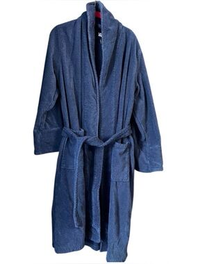 Lands End Women’s Full Length Terry Bathrobe Large Navy 100% Cotton Belted